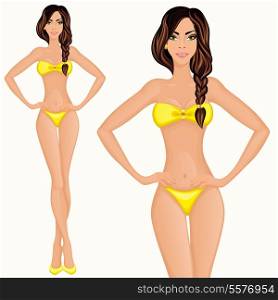 Young long legged woman with slim and attractive figure in yellow bikini vector illustration