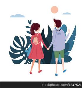 Young loving couple goes holding hands, on their business. Background flora flowers floral leaves. Young loving couple goes holding hands, on their business. Background flora flowers floral leaves. Trend design flat cartoons. Colorful vector illustration isolated