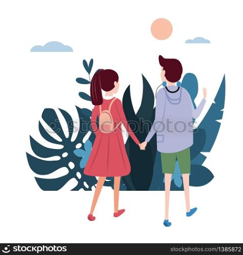 Young loving couple goes holding hands, on their business. Background flora flowers floral leaves. Young loving couple goes holding hands, on their business. Background flora flowers floral leaves. Trend design flat cartoons. Colorful vector illustration isolated