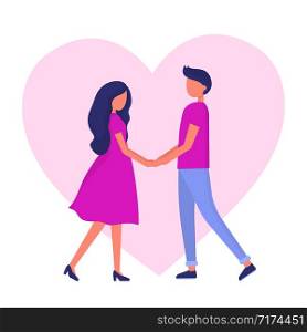 Young loving couple on big heart. Man and woman fallen in love. Valentines day. Vector flat illustration.
