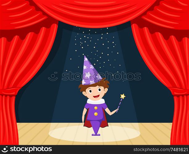 Young magician on stage. Children&rsquo;s performance. Small actor on stage playing the role of a wizard. A scene from the play. A child in a suit with a magician&rsquo;s wand. Stock illustration