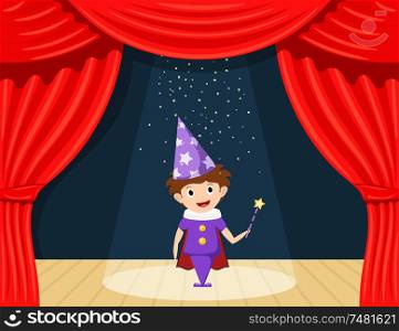 Young magician on stage. Children&rsquo;s performance. Small actor on stage playing the role of a wizard. A scene from the play. A child in a suit with a magician&rsquo;s wand. Stock illustration