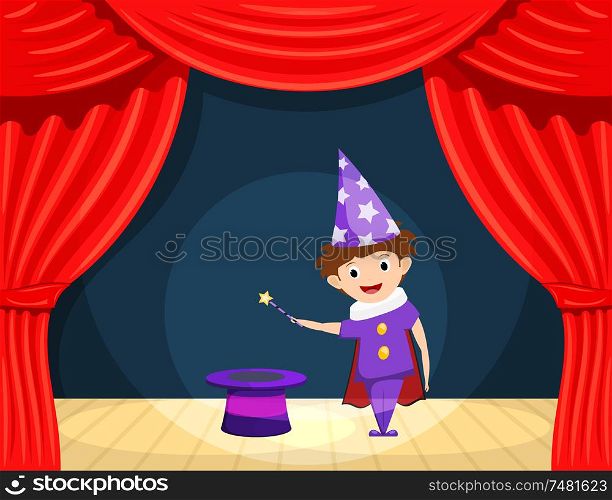 Young magician on stage. Children&rsquo;s performance. Small actor with a magic wand and cylinder on stage playing the role of a wizard. A scene from the play. Stock illustration