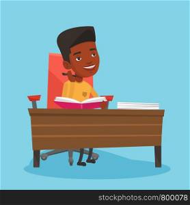 Young male african-american student sitting at the table and thinking. Thinking student writing in exercise book. Thinking male student doing homework. Vector flat design illustration. Square layout.. Student writing at the desk vector illustration.