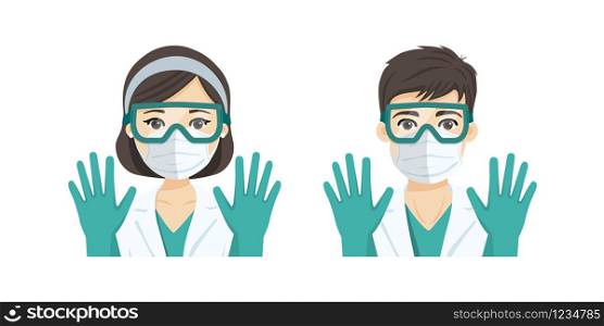 Young male and female doctor wearing the n95 respiratory protection mask, against infectives diseases. Flat vector illustration