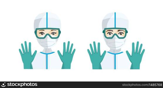 Young male and female doctors with sanitary protection against illness. Isolated vector illustration