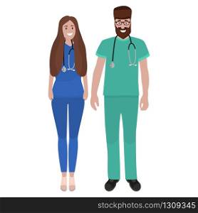 Young male and female doctors with stethoscope in a hospital. Cartoon flat, vector illustration.. Young male and female doctors with stethoscope in a hospital. Cartoon flat, vector illustration