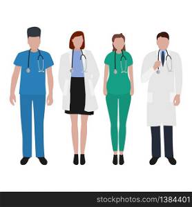 Young male and female doctors with stethoscope in a hospital. Cartoon flat, vector illustration.. Young male and female doctors with stethoscope in a hospital. Cartoon flat, vector illustration