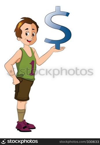 Young Male Athlete Holding a Dollar Sign, vector illustration