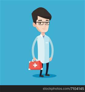 Young male doctor in medical gown holding first aid box. Friendly doctor in uniform standing with first aid kit. Vector flat design illustration isolated on blue background. Square layout.. Doctor holding first aid box vector illustration.