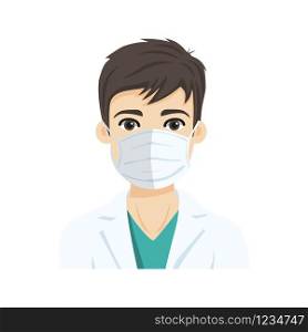 Young male doctor wearing the n95 respiratory protection mask, against infectives diseases. Flat vector illustration