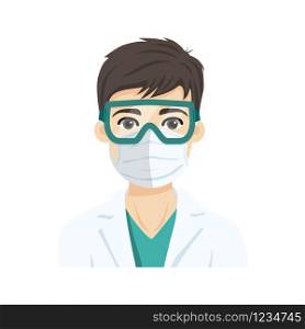 Young male doctor wearing the n95 respiratory protection mask and glasses, against infectives diseases. Flat vector illustration