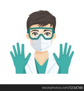 Young male doctor wearing the n95 respiratory protection mask, glasses and gloves, against infectives diseases. Flat vector illustration