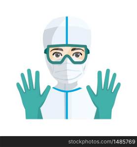 Young male doctor with sanitary protection against illness. Isolated vector illustration