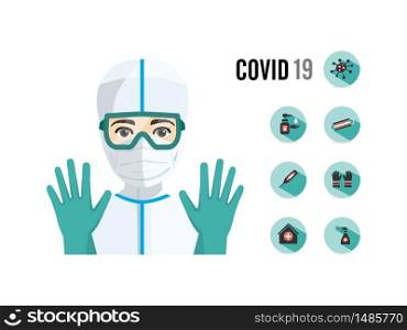 Young male doctor with sanitary protection and health icons. Coronavirus isolated vector illustration