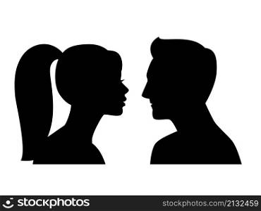 Young male female profiles. Man and woman black side portraits, heads silhouettes isolated, adult beautiful models faces profile silhouette clipart vector illustration. Young male female profiles