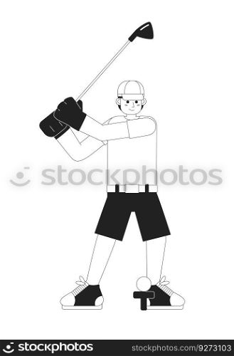 Young male golfer playing golf monochromatic flat vector character. Golf country club. Golfer in action. Editable thin line full body person on white. Simple bw cartoon spot image for graphic design. Young male golfer playing golf monochromatic flat vector character
