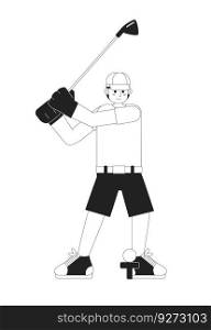 Young male golfer playing golf monochromatic flat vector character. Golf country club. Golfer in action. Editable thin line full body person on white. Simple bw cartoon spot image for graphic design. Young male golfer playing golf monochromatic flat vector character