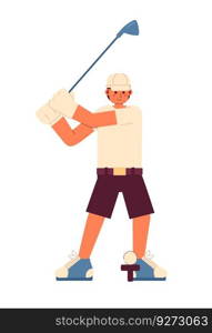 Young male golfer playing golf semi flat colorful vector character. Golf country club. Golfer in action. Editable full body person on white. Simple cartoon spot illustration for web graphic design. Young male golfer playing golf semi flat colorful vector character