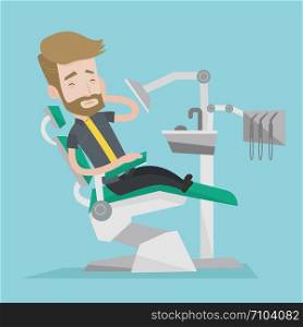 Young male patient sitting at the chair at the dental office. Sad man suffering from tooth pain. A hipster man with the beard having a toothache. Vector flat design illustration. Square layout.. Man suffering in dental chair vector illustration.