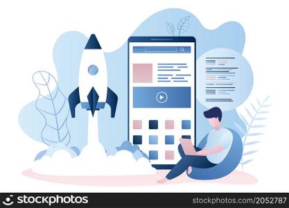 Young male programmer and big smartphone with new application,start-up concept with take off spaceship,back-end development,trendy style vector illustration
