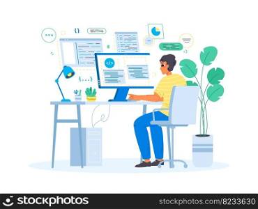 Young male programmer, geek character develop database or software. Teenager developer, freelancer programming on computer, snugly vector man. Illustration of character work. Young male programmer, geek character develop database or software. Teenager developer, freelancer programming on computer, snugly vector man