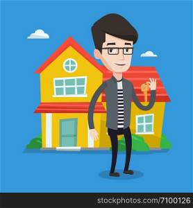 Young male real estate agent holding key. Smiling real estate agent with keys standing on a background of the house. Happy new owner of a house. Vector flat design illustration. Square layout.. Real estate agent with key vector illustration.