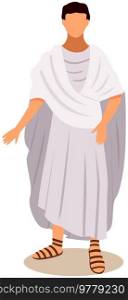 Young male roman wearing long tunic and sandals as traditional clothes vector illustration isolated on white. Historical character inhabitant of ancient country, European citizen, antique civilization. Young male roman wearing long tunic and sandals as traditional clothes vector illustration