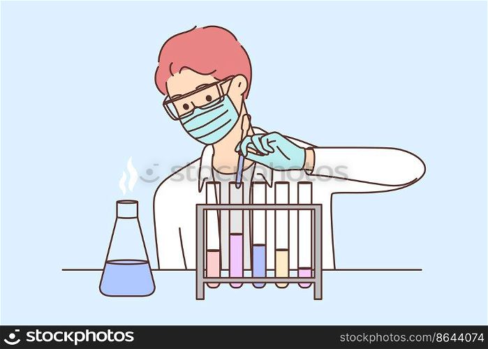 Young male scientist in face mask make experiments in lab. Man researcher experiment using tubes in laboratory. Science and biotechnology. Vector illustration. . Male scientist make experiments in lab