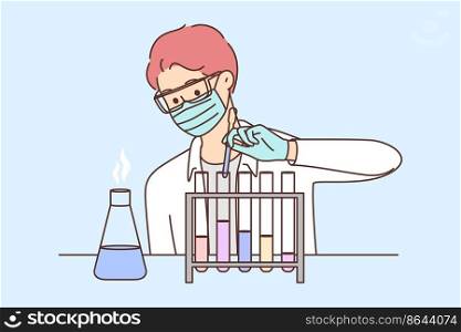 Young male scientist in face mask make experiments in lab. Man researcher experiment using tubes in laboratory. Science and biotechnology. Vector illustration. . Male scientist make experiments in lab