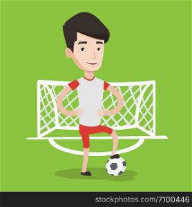 Young male sportsman standing with football ball on the football stadium. Happy professional football player standing with a soccer ball on the field. Vector flat design illustration. Square layout.. Football player with ball vector illustration.