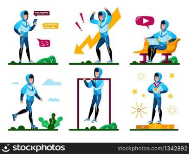 Young Male Student Daily Activities, Sportsman Routines Trendy Flat Vector Concepts Set. Man in Sportswear Messaging with Cellphone, Using Laptop, Training Outdoors, Winning Competition Illustrations