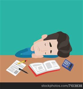 Young male student sleeping at the desk with book, exercise book, calculator. Tired caucasian student sleeping after learning. Concept of education. Vector flat design illustration. Square layout.. Male student sleeping at the desk with book.
