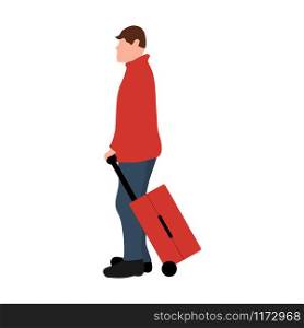Young male tourist with a suitcase goes on a trip on vacation. Flat cartoon design, vector illustration.. Young male tourist with a suitcase goes on a trip on vacation. Flat cartoon design, vector illustration