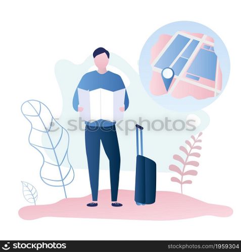 Young male traveller with suitcase and map,nature on background,city navigation concept,trendy style vector illustration.