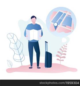 Young male traveller with suitcase and map,nature on background,city navigation concept,trendy style vector illustration.
