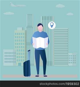 Young male traveller with suitcase and map,urban landscape on background,city navigation concept,trendy style vector illustration.