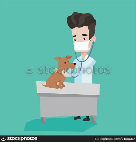 Young male veterinarian examining dog in hospital. Veterinarian checking heartbeat of a dog with stethoscope. Concept of medicine and pet care. Vector flat design illustration. Square layout.. Veterinarian examining dog vector illustration.