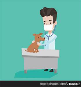 Young male veterinarian examining dog in hospital. Veterinarian checking heartbeat of a dog with stethoscope. Concept of medicine and pet care. Vector flat design illustration. Square layout.. Veterinarian examining dog vector illustration.