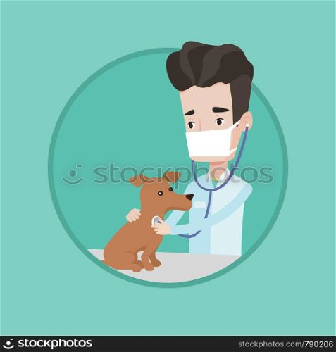 Young male veterinarian examining dog. Veterinarian checking heartbeat of a dog with stethoscope. Concept of medicine and pet care. Vector flat design illustration in the circle isolated on background. Veterinarian examining dog vector illustration.
