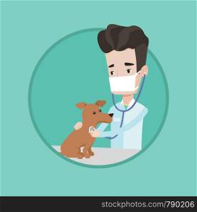 Young male veterinarian examining dog. Veterinarian checking heartbeat of a dog with stethoscope. Concept of medicine and pet care. Vector flat design illustration in the circle isolated on background. Veterinarian examining dog vector illustration.