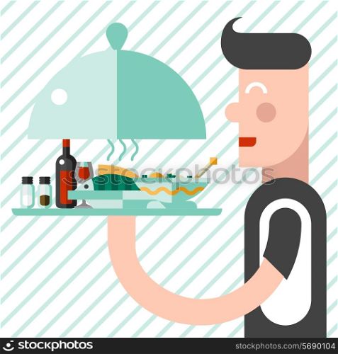 Young male waiter with serving tray and hot meal wine bottle and spices on it vector illustration
