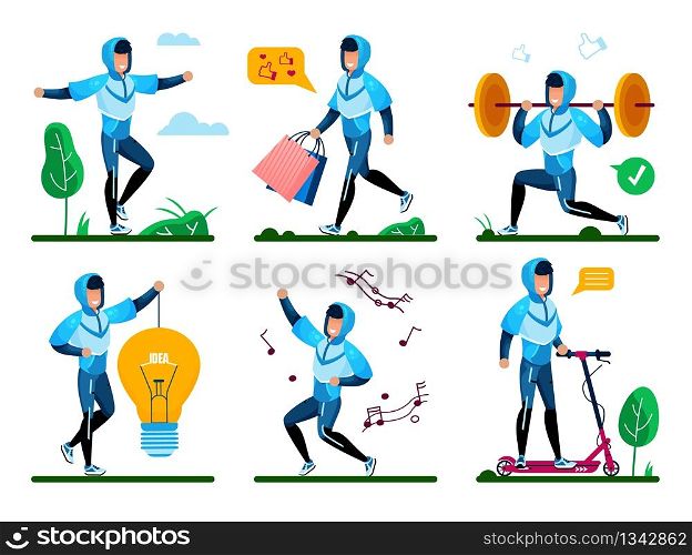 Young Man Active Life and Healthy Lifestyle Activities Trendy Flat Vector Concept Set. Guy in Tracksuit Doing Fitness Exercise Outdoors, Shopping, Dancing, Riding Scooter, Generating Idea Illustration