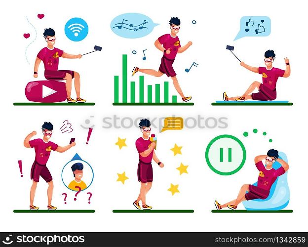 Young Man Active Lifestyle Daily Routines Trendy Flat Vector Concepts Set. Guy Listen Music While Jogging, Posting Photos, Videos Online, Arguing on Phone, Relaxing and Eating Ice-Cream Illustration