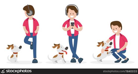 Young man and a dog in different poses. Isolated people vector illustration