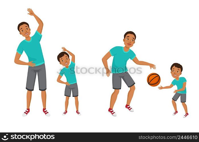 Young man and boy in sport clothes enjoying body training. Father and son playing basketball, morning exercises. Vector illustration can be used for family, keeping fit, healthy lifestyle