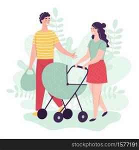 Young man and woman are walking with a baby in a stroller. Happy parents, family. People Talking Smile Flat Cartoon Vector Illustration
