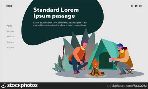 Young man and woman c&ing. Outdoors, tent, fire, chatting flat vector illustration. Leisure and active lifestyle concept for banner, website design or landing web page 