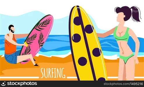 Young Man and Woman Characters Surfers with Surf Boards Relaxing on Sandy Beach. Summertime Vacation, Leisure, Surfing Sport, Recreation, Summer Sport Activity Cartoon Flat Vector Illustration, Banner. Young Man and Woman Characters Surfers with Boards