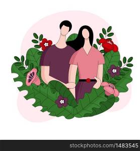 Young man and woman. Couple in love hugging. Vector linear illustration